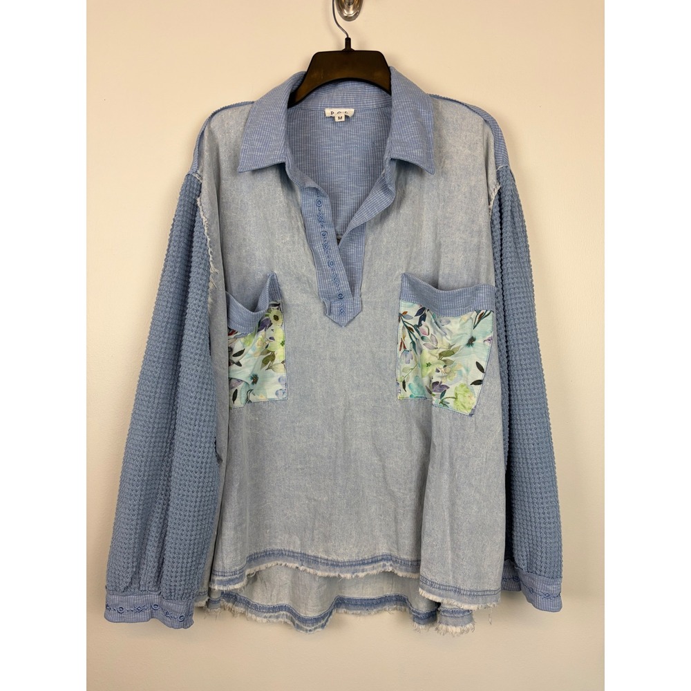 POL Oversized Chambray Patchwork Top Medium Blue Boho Floral Waffle Knit Sweater